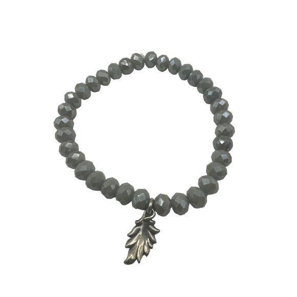 Gray Faceted Beaded Stretch Bracelet with Silver Tone Leaf Charm 8 inch - Picture 4 of 4